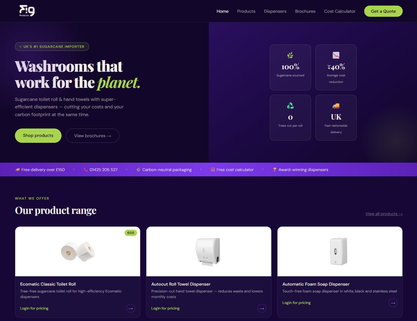 Concept homepage for Fig Products, a sustainable washroom supplies company
